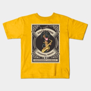 Cute doxie dachshund with sax in golden circle Kids T-Shirt